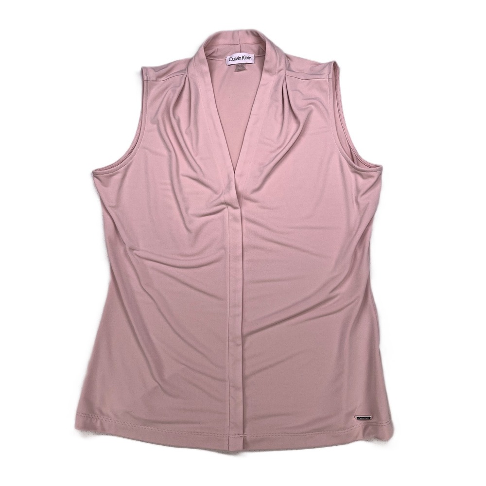 Calvin Klein Women's Jersey V-Neck Shoulder Pleat Sleeveless Top Blush Size M